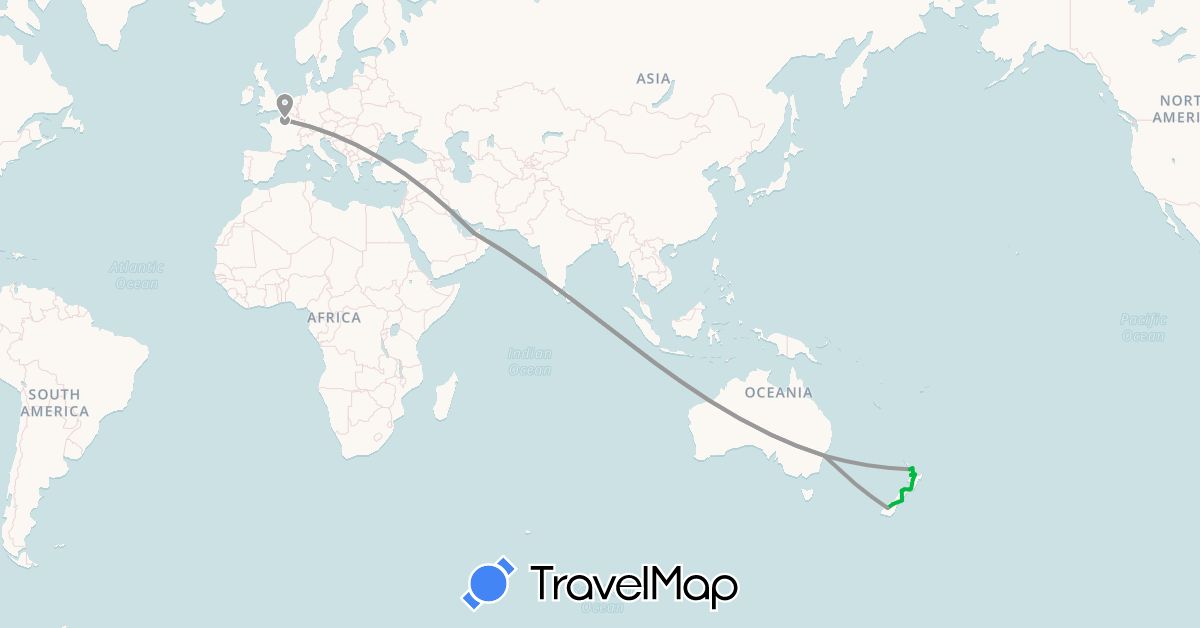 TravelMap itinerary: bus, plane in United Arab Emirates, Australia, France, New Zealand (Asia, Europe, Oceania)
